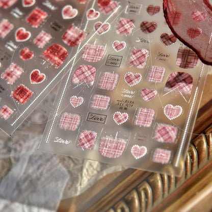 5D Tweed & Pearl Heart Nail Stickers - Pink Red French Tip Decals MS906