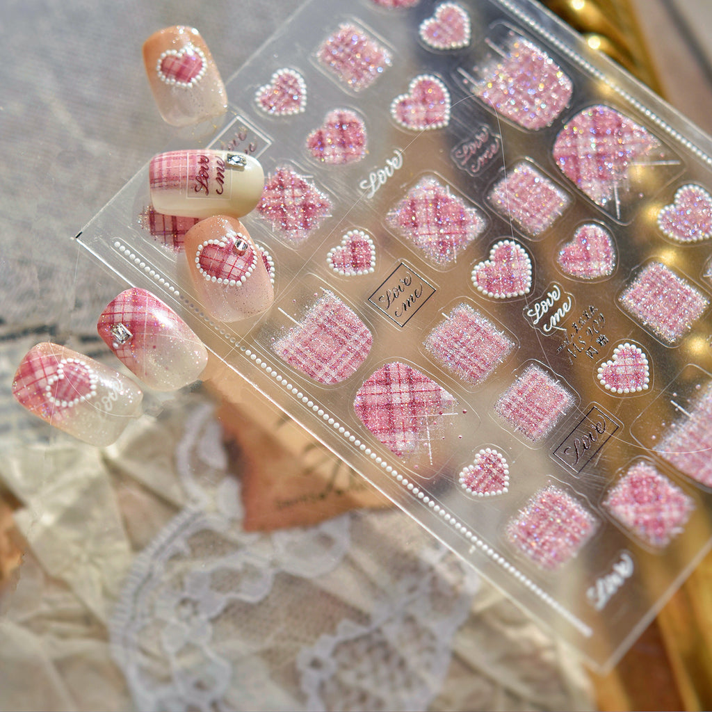 5D Tweed & Pearl Heart Nail Stickers - Pink Red French Tip Decals MS906
