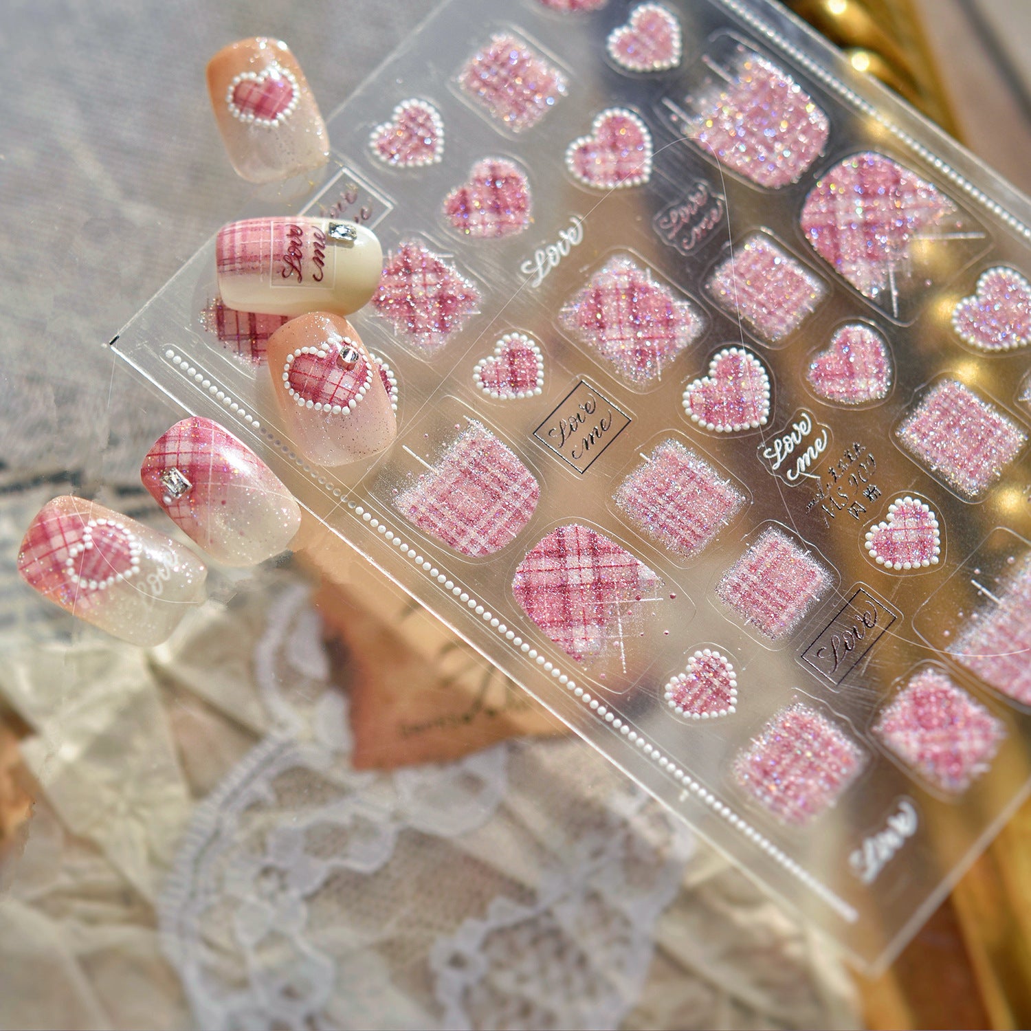 5D Tweed & Pearl Heart Nail Stickers - Pink Red French Tip Decals MS906