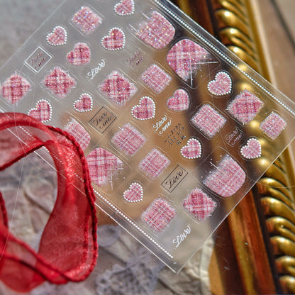 5D Tweed & Pearl Heart Nail Stickers - Pink Red French Tip Decals MS906