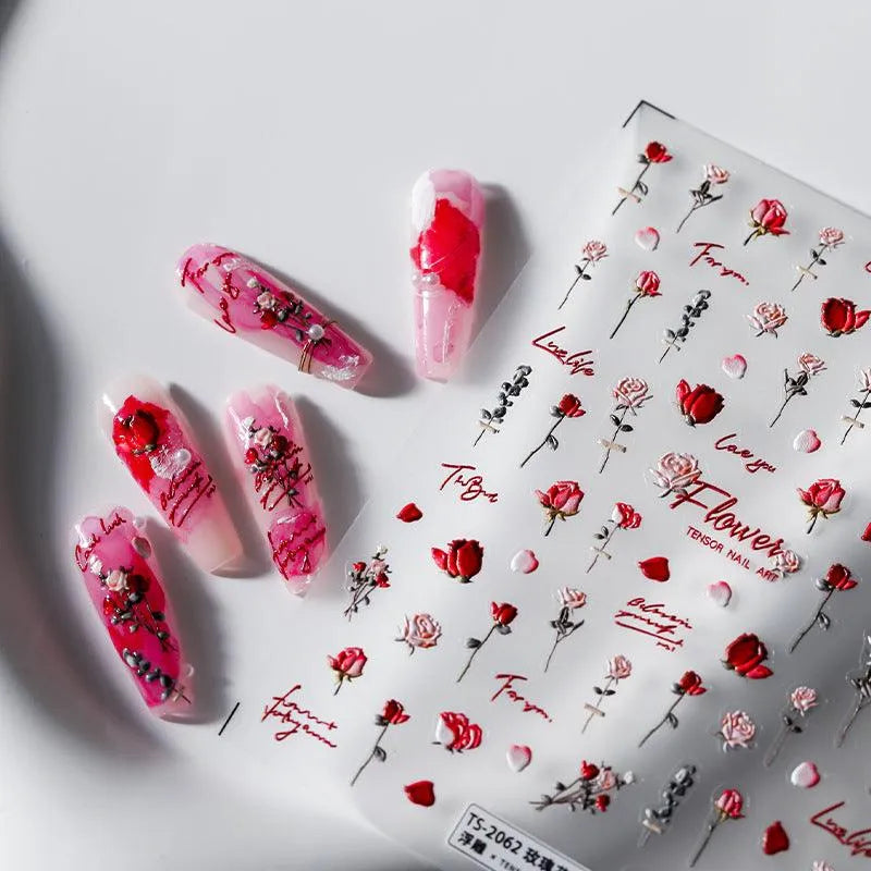 5D Valentine's Day Rose Nail Stickers | Romantic Red & Pink Floral Nail Art Decals TS2061