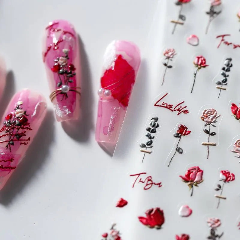 5D Valentine's Day Rose Nail Stickers | Romantic Red & Pink Floral Nail Art Decals TS2061