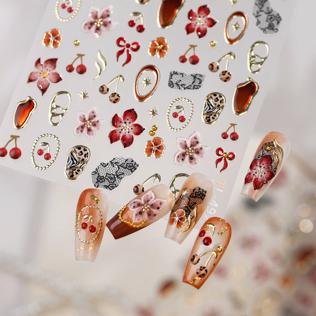 5D Vintage Floral Lace & Cherry Nail Stickers 492