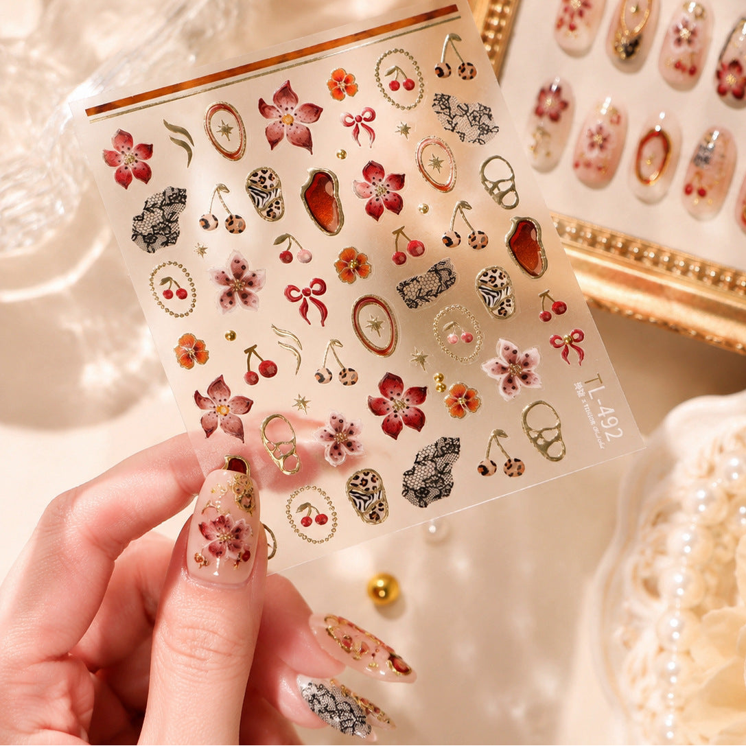 5D Vintage Floral Lace & Cherry Nail Stickers 492