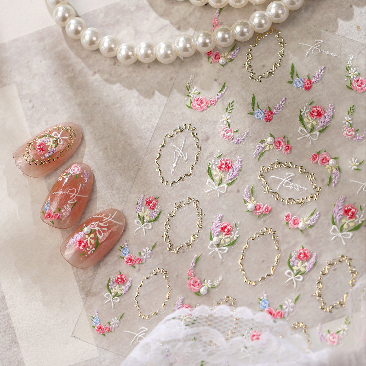 5D Vintage Floral Lace & Cherry Nail Stickers 492