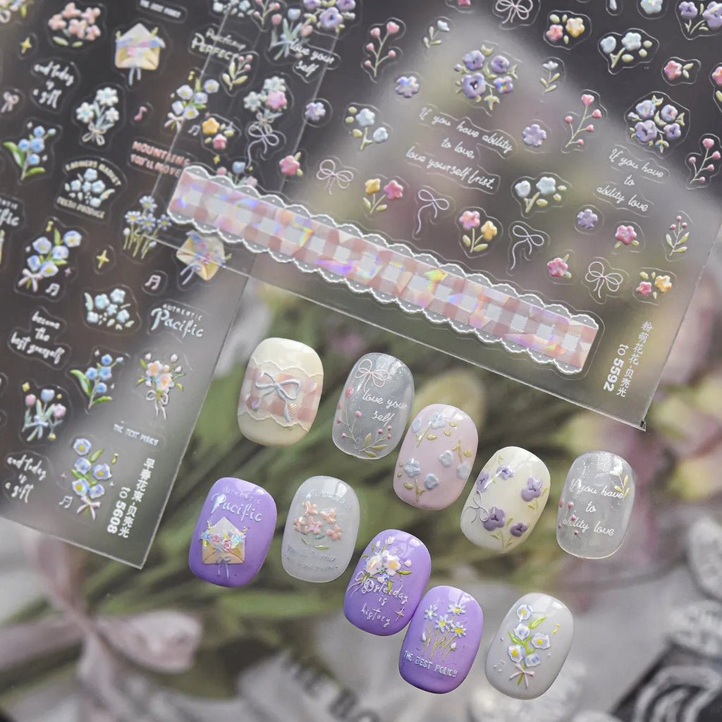 5D Vintage Floral Nail Stickers - Tulips & Quote Decals 5592