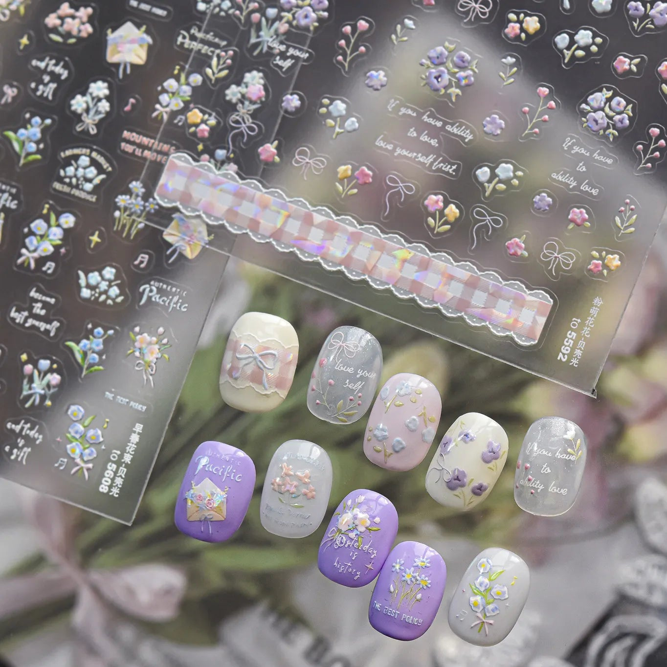 5D Vintage Floral Nail Stickers - Tulips & Quote Decals 5592