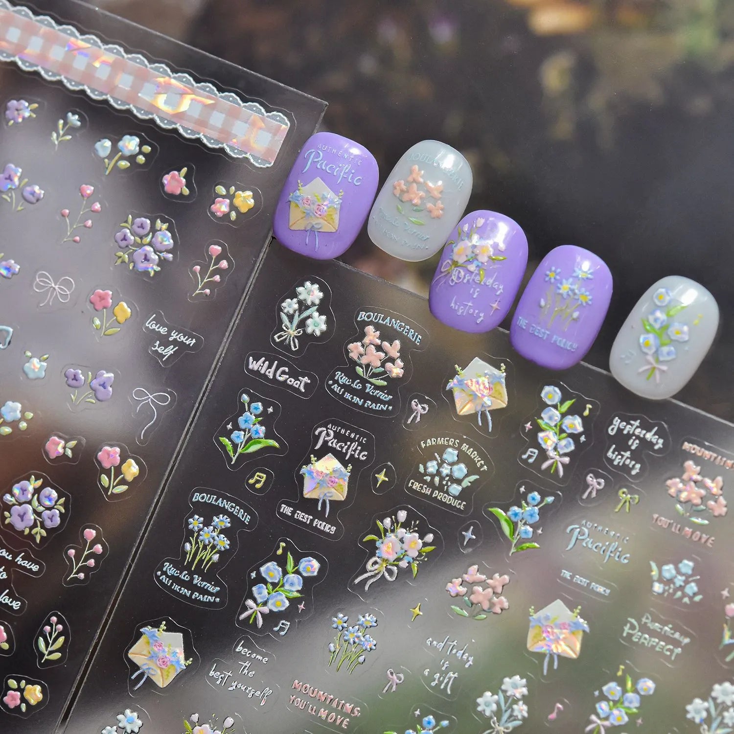 5D Vintage Floral Nail Stickers - Tulips & Quote Decals 5592