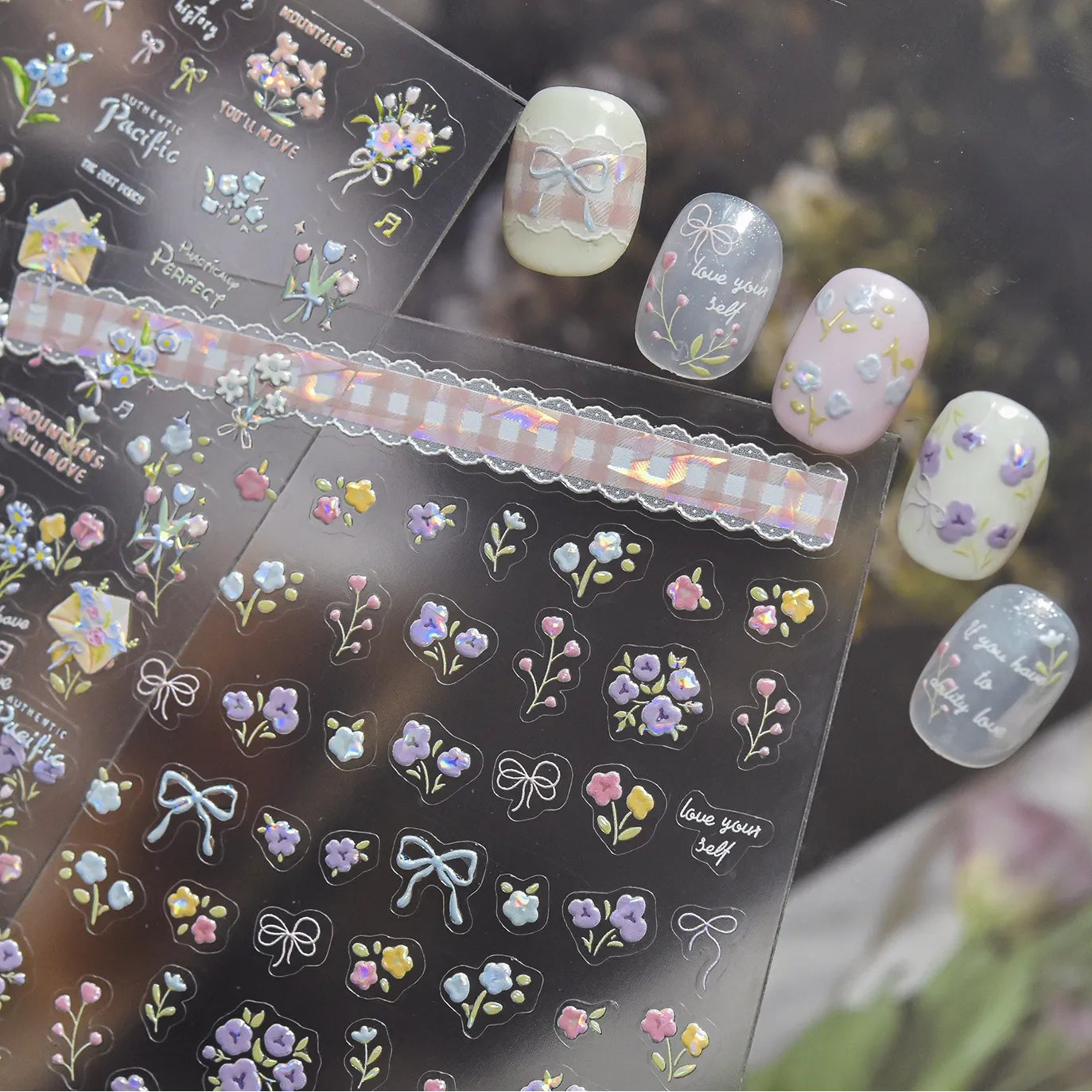 5D Vintage Floral Nail Stickers - Tulips & Quote Decals 5592