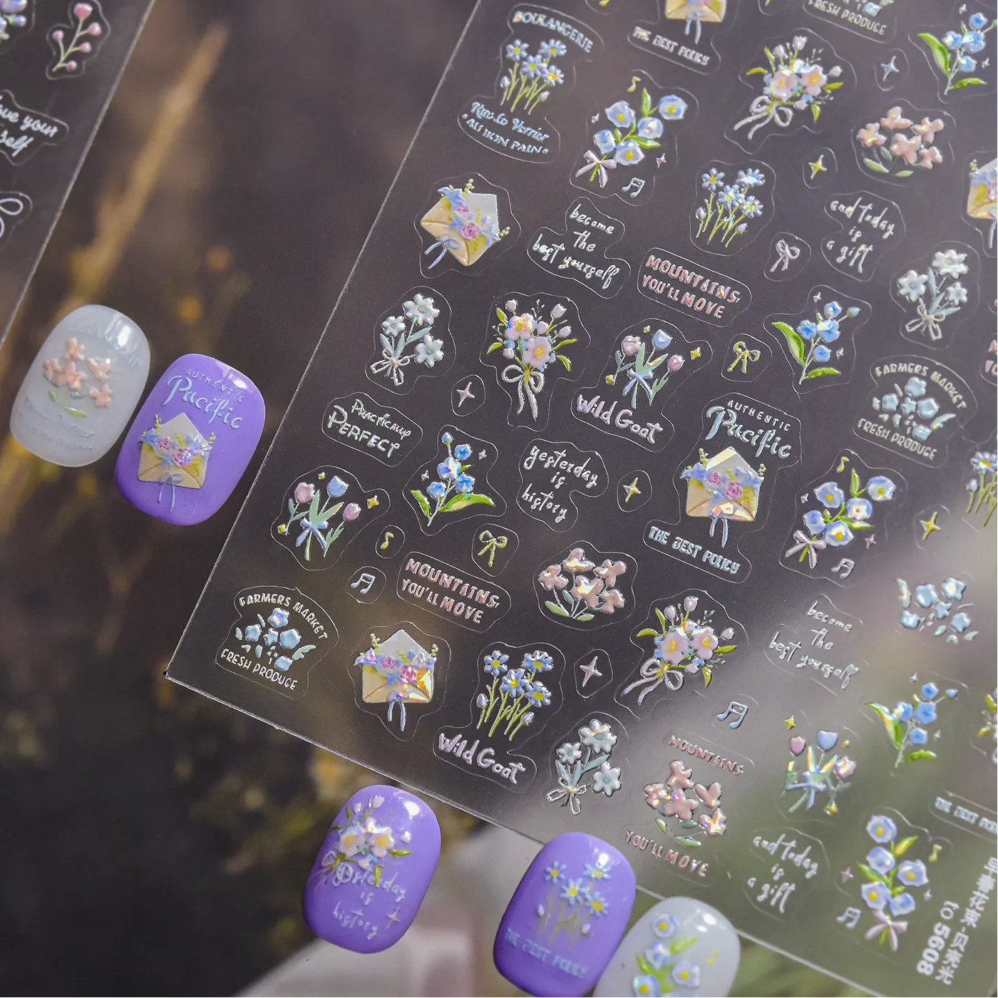 5D Vintage Floral Nail Stickers - Tulips & Quote Decals 5592