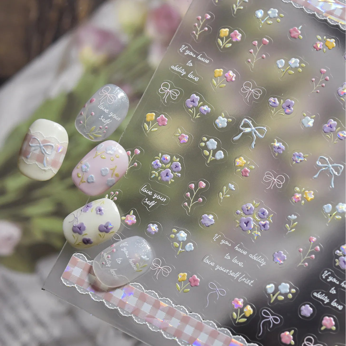 5D Vintage Floral Nail Stickers - Tulips & Quote Decals 5592