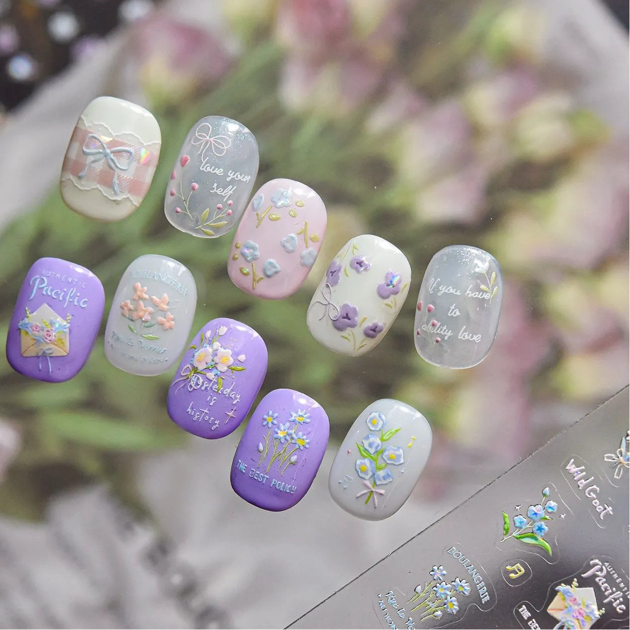 5D Vintage Floral Nail Stickers - Tulips & Quote Decals 5592