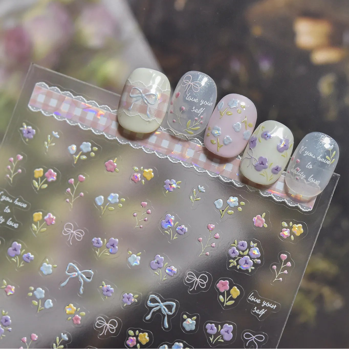 5D Vintage Floral Nail Stickers - Tulips & Quote Decals 5592