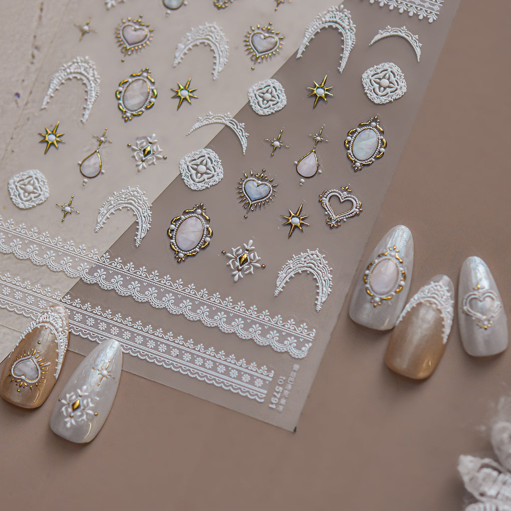 5D Vintage White Lace & Pearl Baroque Nail Stickers 5791