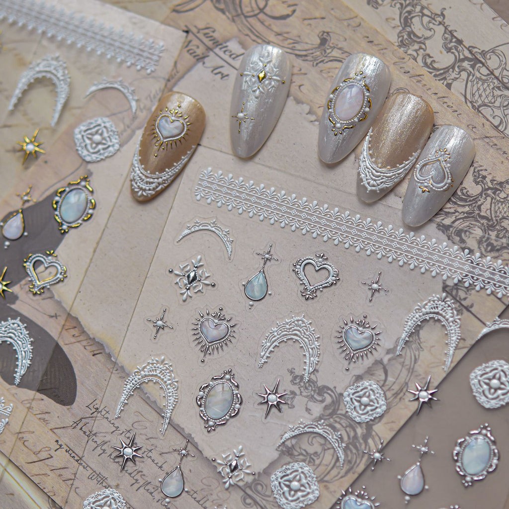 5D Vintage White Lace & Pearl Baroque Nail Stickers 5791