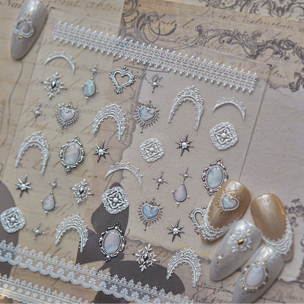 5D Vintage White Lace & Pearl Baroque Nail Stickers 5791