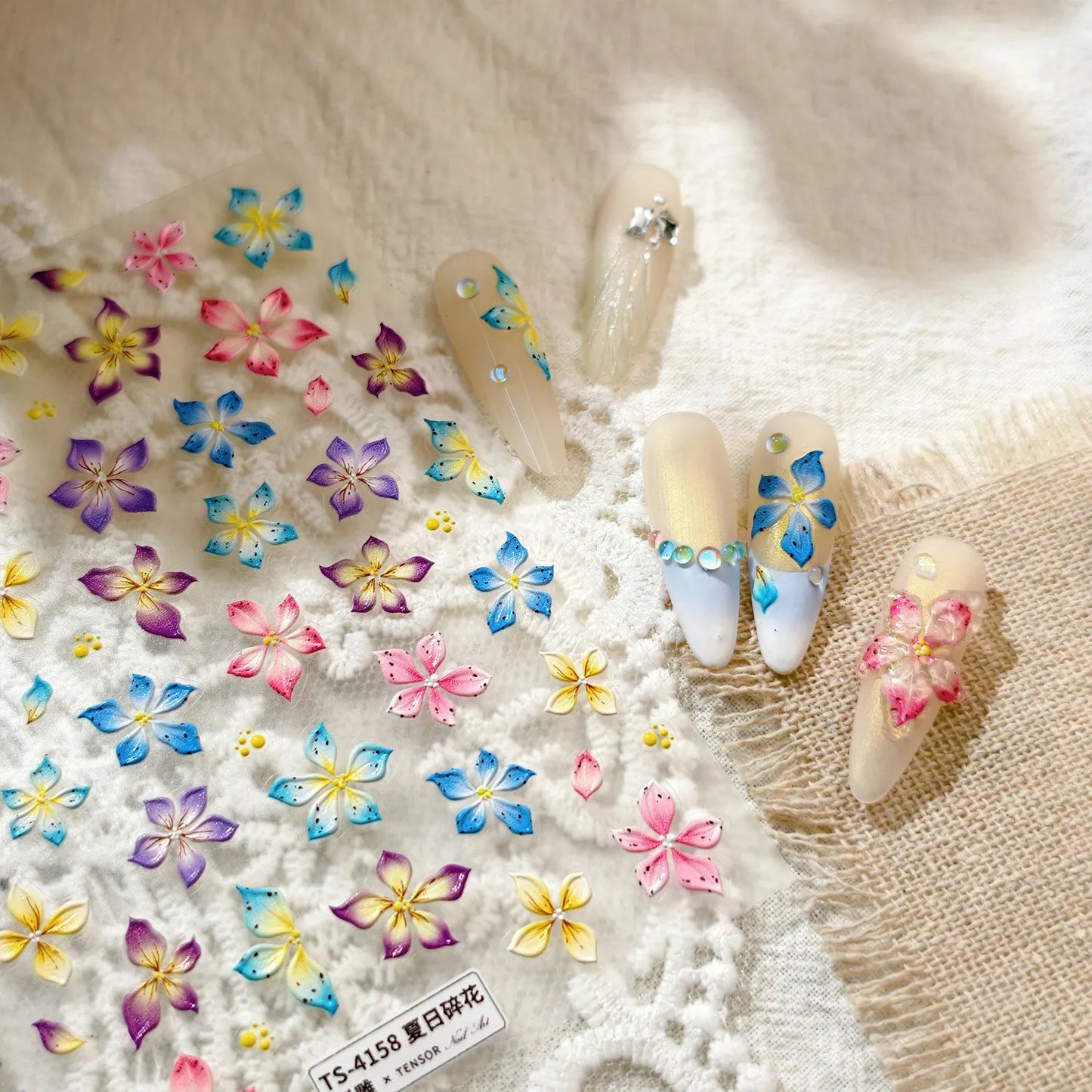 5D Watercolor Bloom Nail Stickers | Embossed Floral Decals for Summer Nails 4158