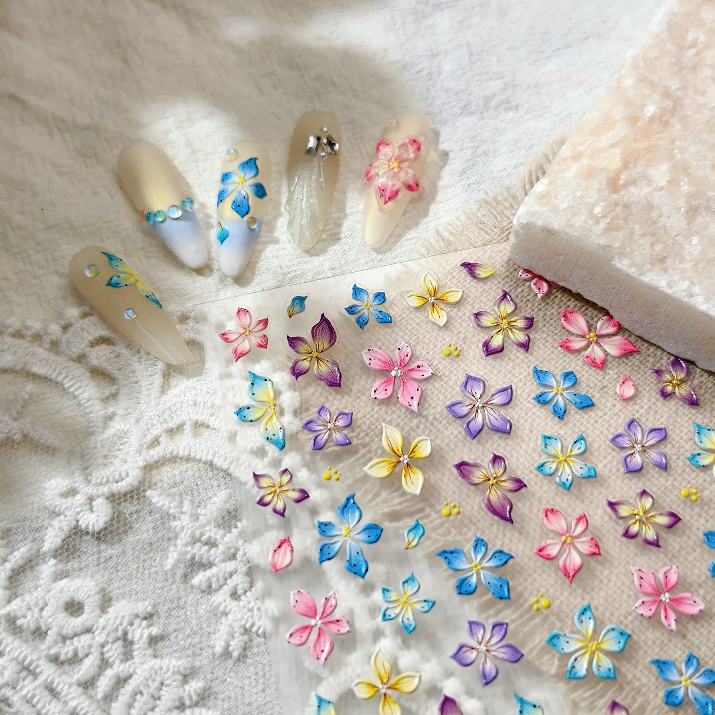 5D Watercolor Bloom Nail Stickers | Embossed Floral Decals for Summer Nails 4158