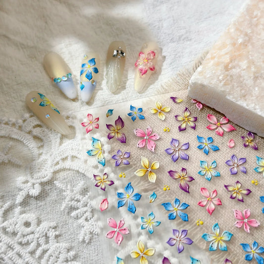 5D Watercolor Bloom Nail Stickers | Embossed Floral Decals for Summer Nails 4158
