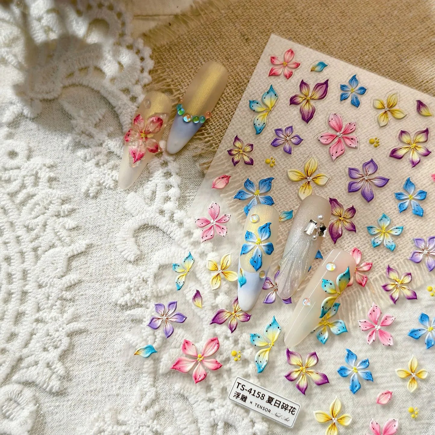 5D Watercolor Bloom Nail Stickers | Embossed Floral Decals for Summer Nails 4158