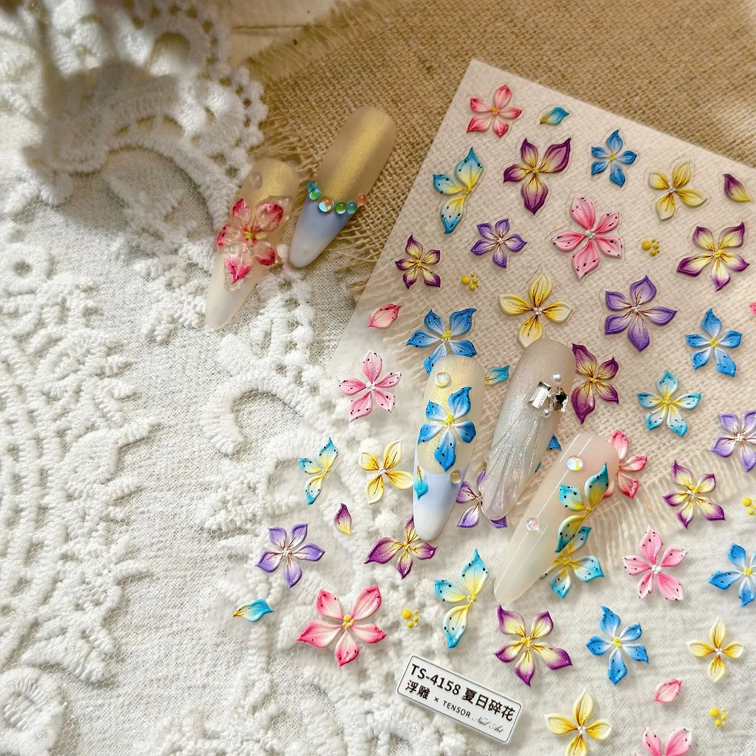 5D Watercolor Bloom Nail Stickers | Embossed Floral Decals for Summer Nails 4158