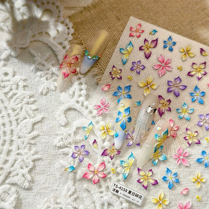 5D Watercolor Bloom Nail Stickers | Embossed Floral Decals for Summer Nails 4158