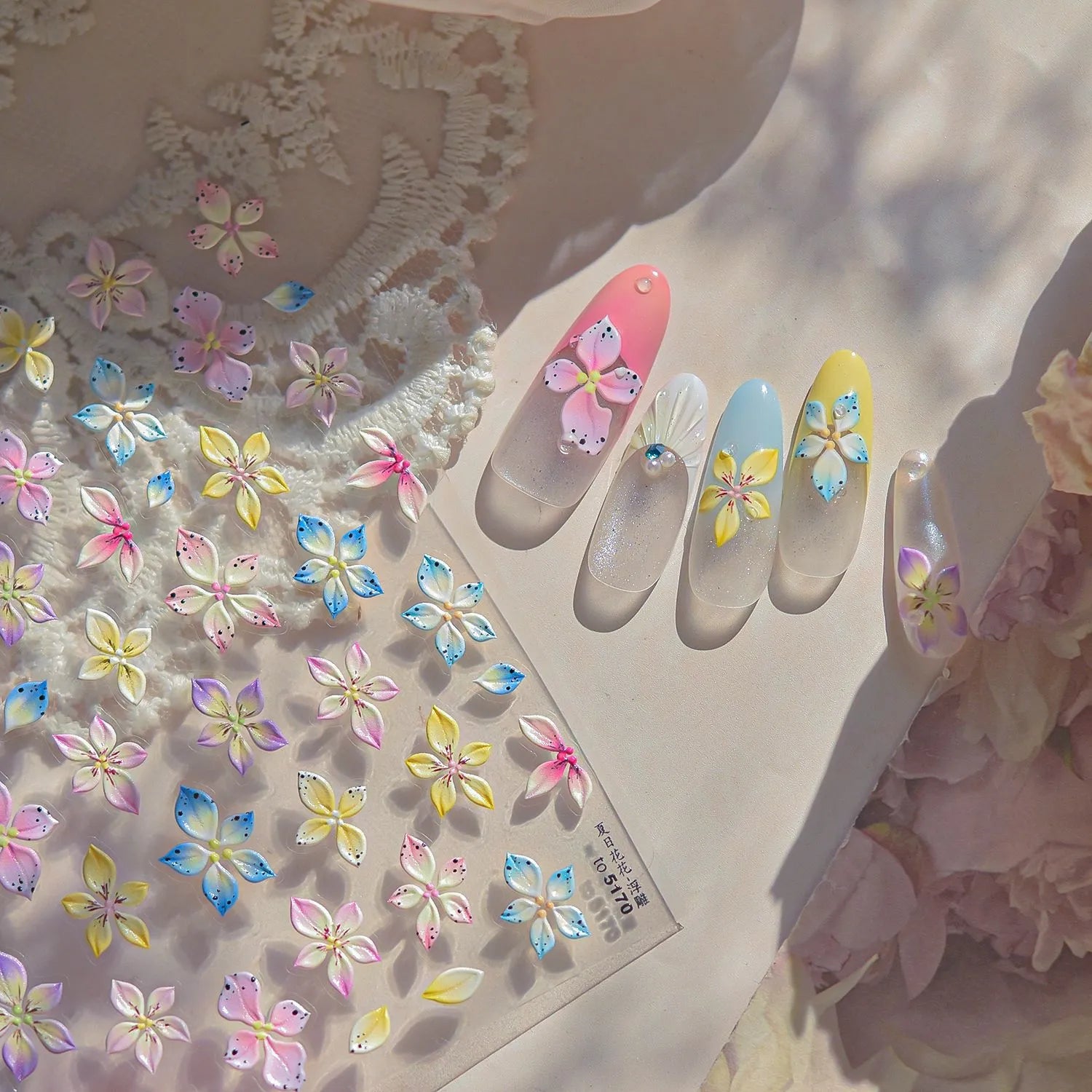 5D Watercolor Bloom Nail Stickers | Embossed Plumeria Floral Decals for Summer Nails 5170
