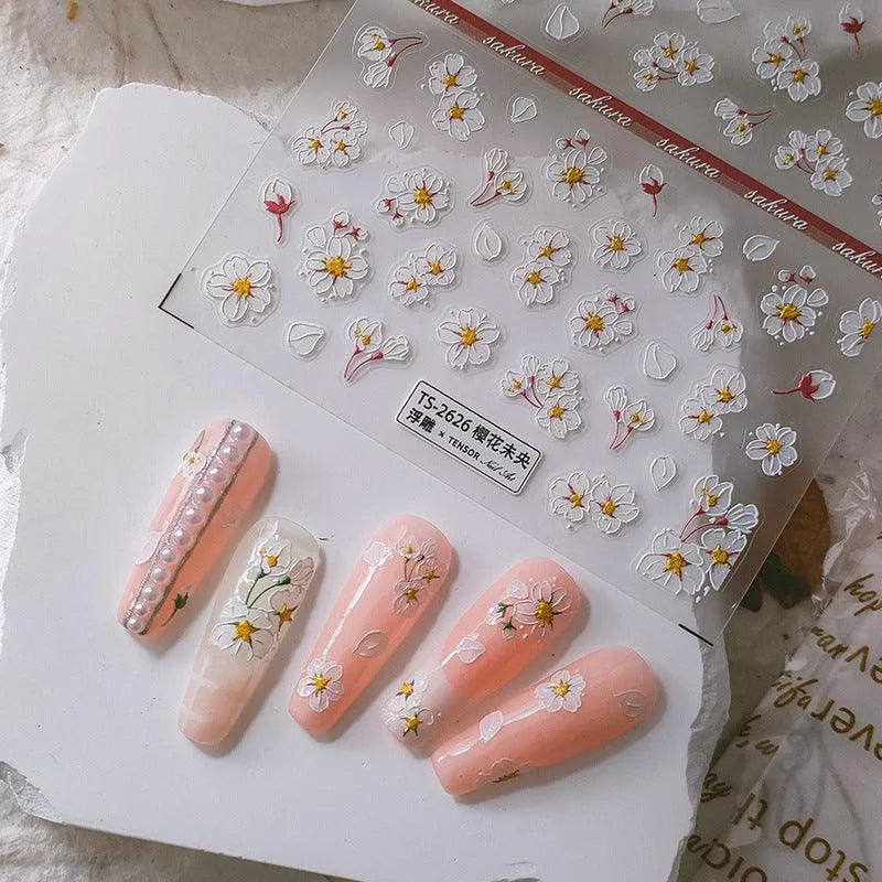 5D White Cherry Blossom Nail Stickers Sakura Spring Floral Nail Art Sticker Decals TS2624