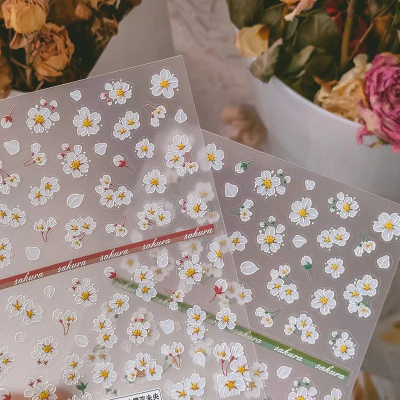 5D White Cherry Blossom Nail Stickers Sakura Spring Floral Nail Art Sticker Decals TS2624