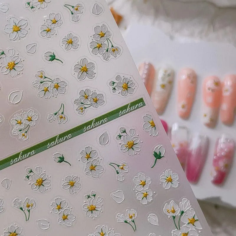 5D White Cherry Blossom Nail Stickers Sakura Spring Floral Nail Art Sticker Decals TS2624