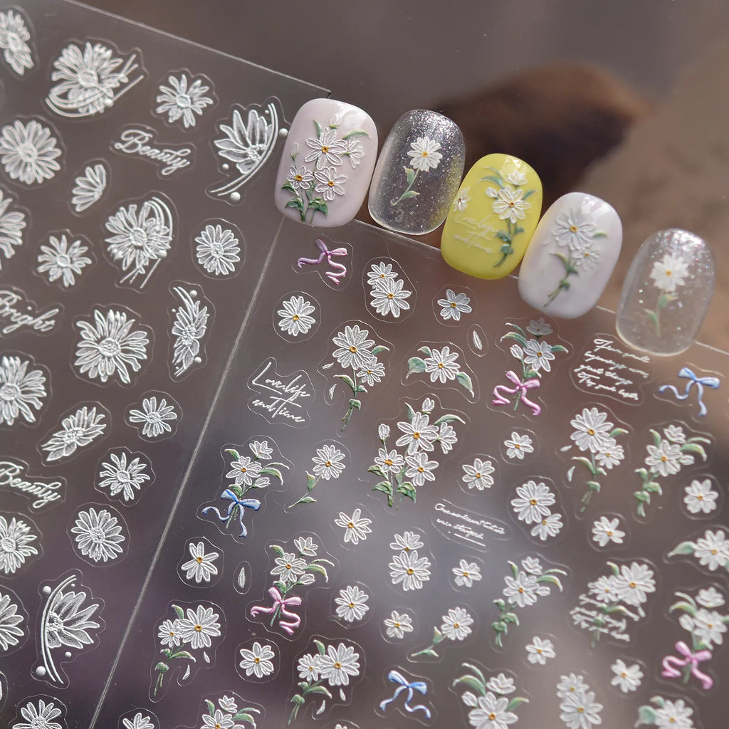 5D White Daisy Flower Nail Stickers - Floral Coquette Decals 5706