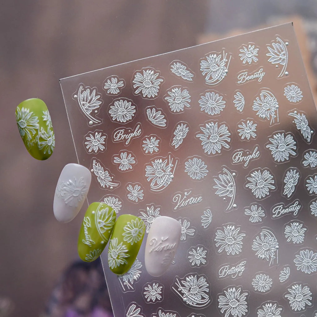 5D White Daisy Flower Nail Stickers - Floral Coquette Decals 5706