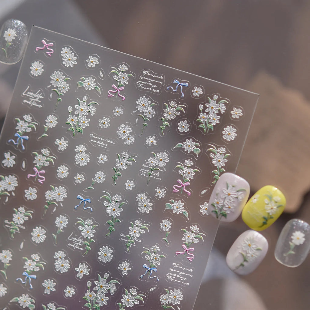5D White Daisy Flower Nail Stickers - Floral Coquette Decals 5706