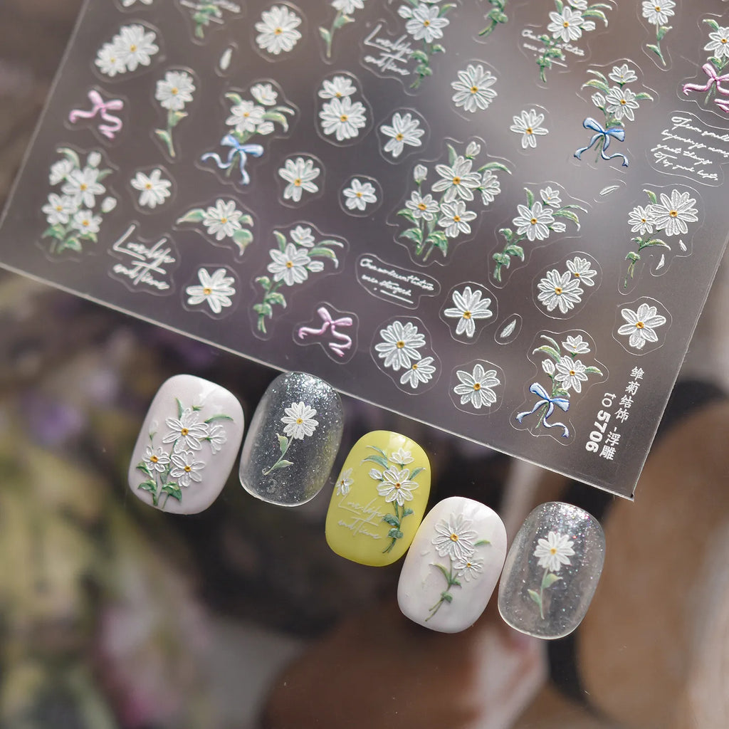 5D White Daisy Flower Nail Stickers - Floral Coquette Decals 5706