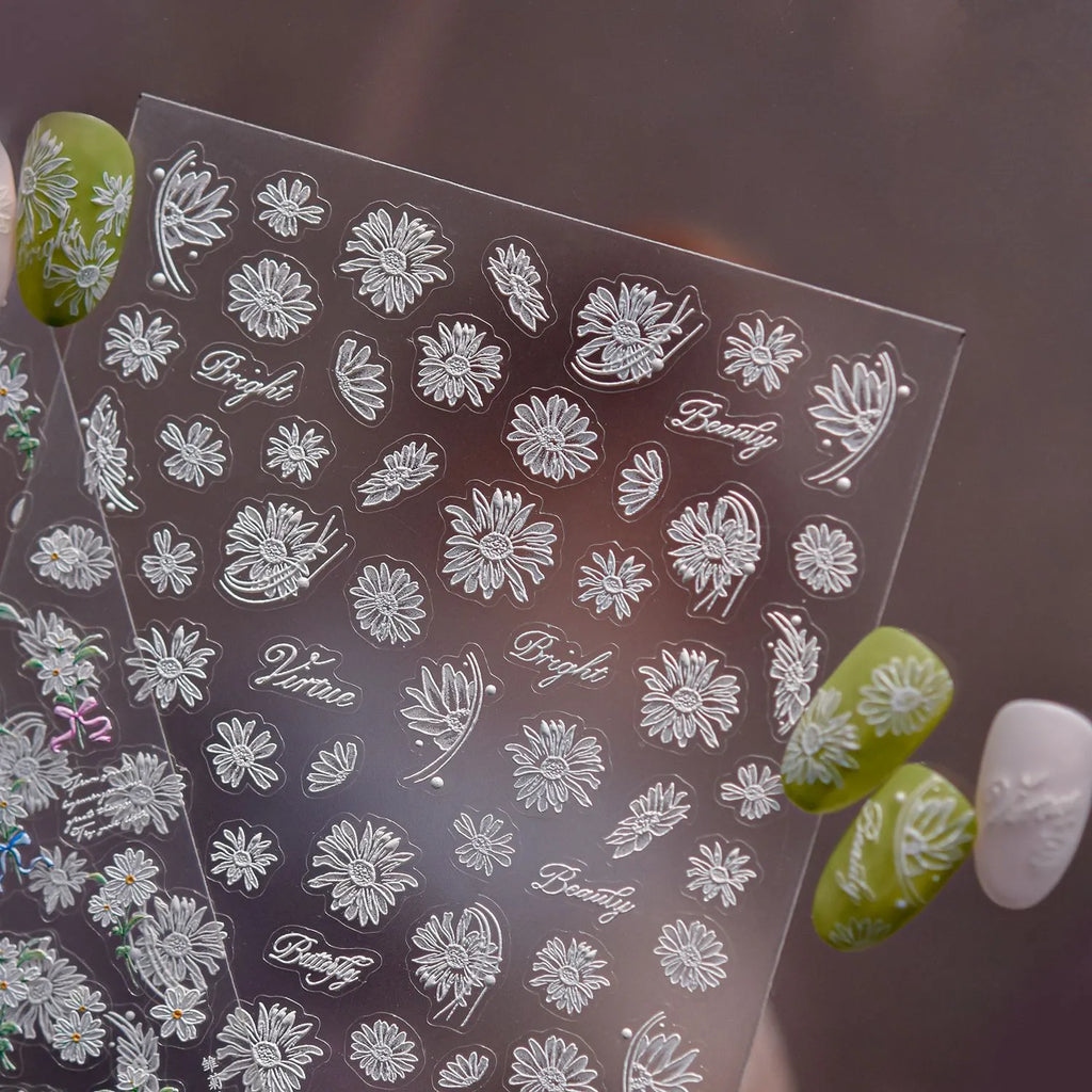 5D White Daisy Flower Nail Stickers - Floral Coquette Decals 5706