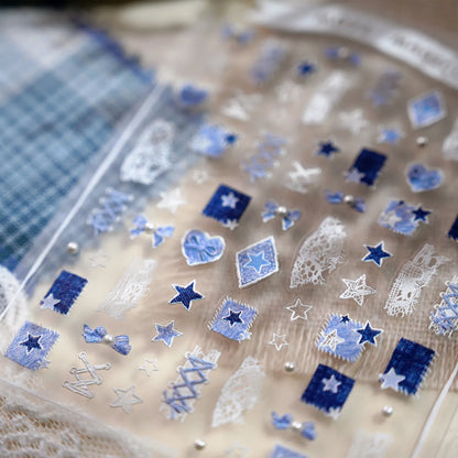 5D Y2K Denim & Lace Nail Stickers | Cute Blue Coquette Bow Nail Art Decals 481