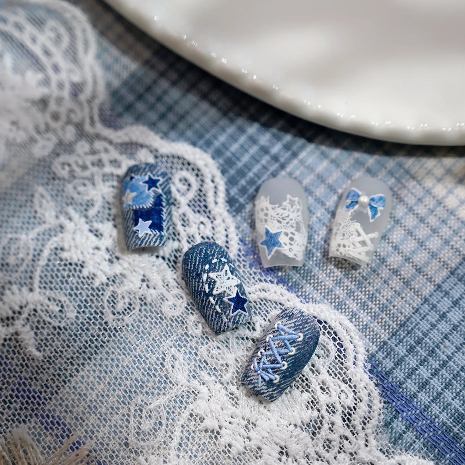 5D Y2K Denim & Lace Nail Stickers | Cute Blue Coquette Bow Nail Art Decals 481