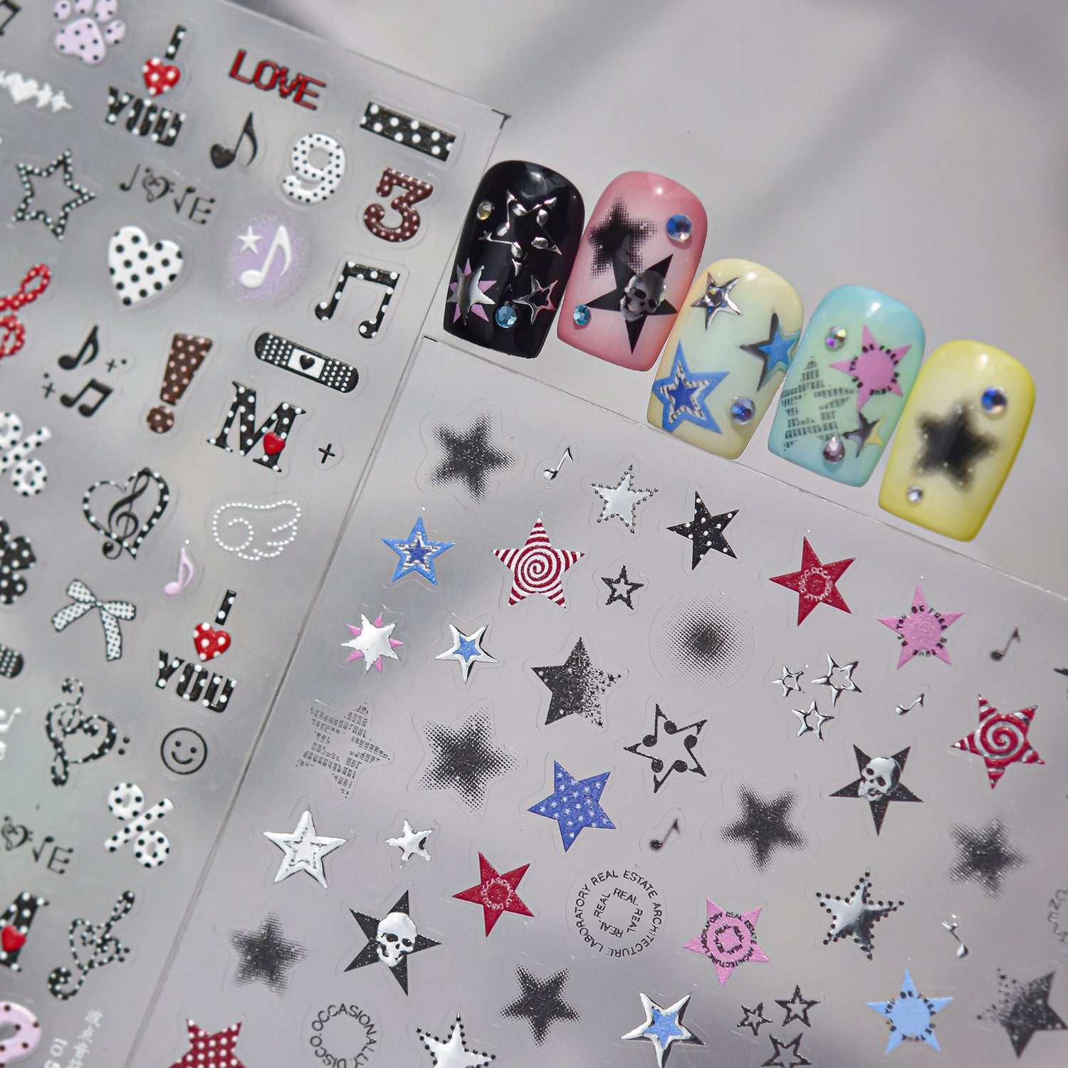 5D Y2K Grunge Star Nail Stickers - Edgy Punk Skull & Music Art Decals