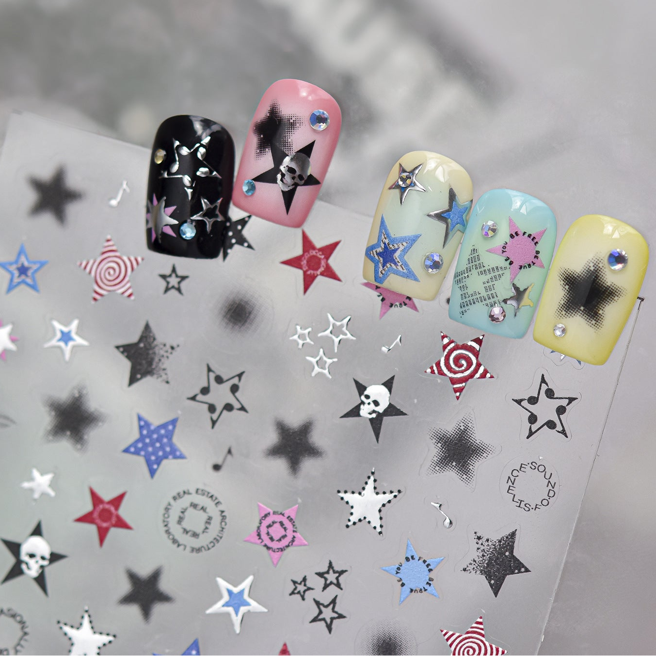 5D Y2K Grunge Star Nail Stickers - Edgy Punk Skull & Music Art Decals