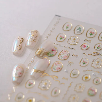 Elegant Gold Floral Nail Stickers with Pearls TL259