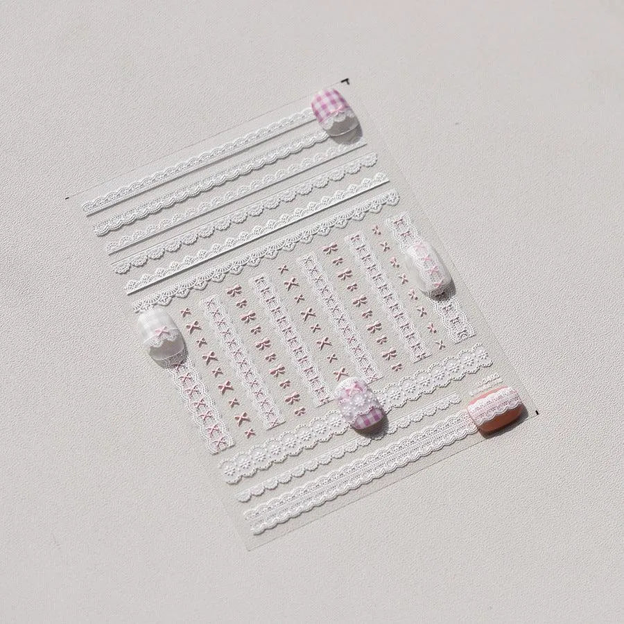 Pink Bowknot Nail Art Stickers Adhesive Embossed Love Lace Sticker Decals to3493