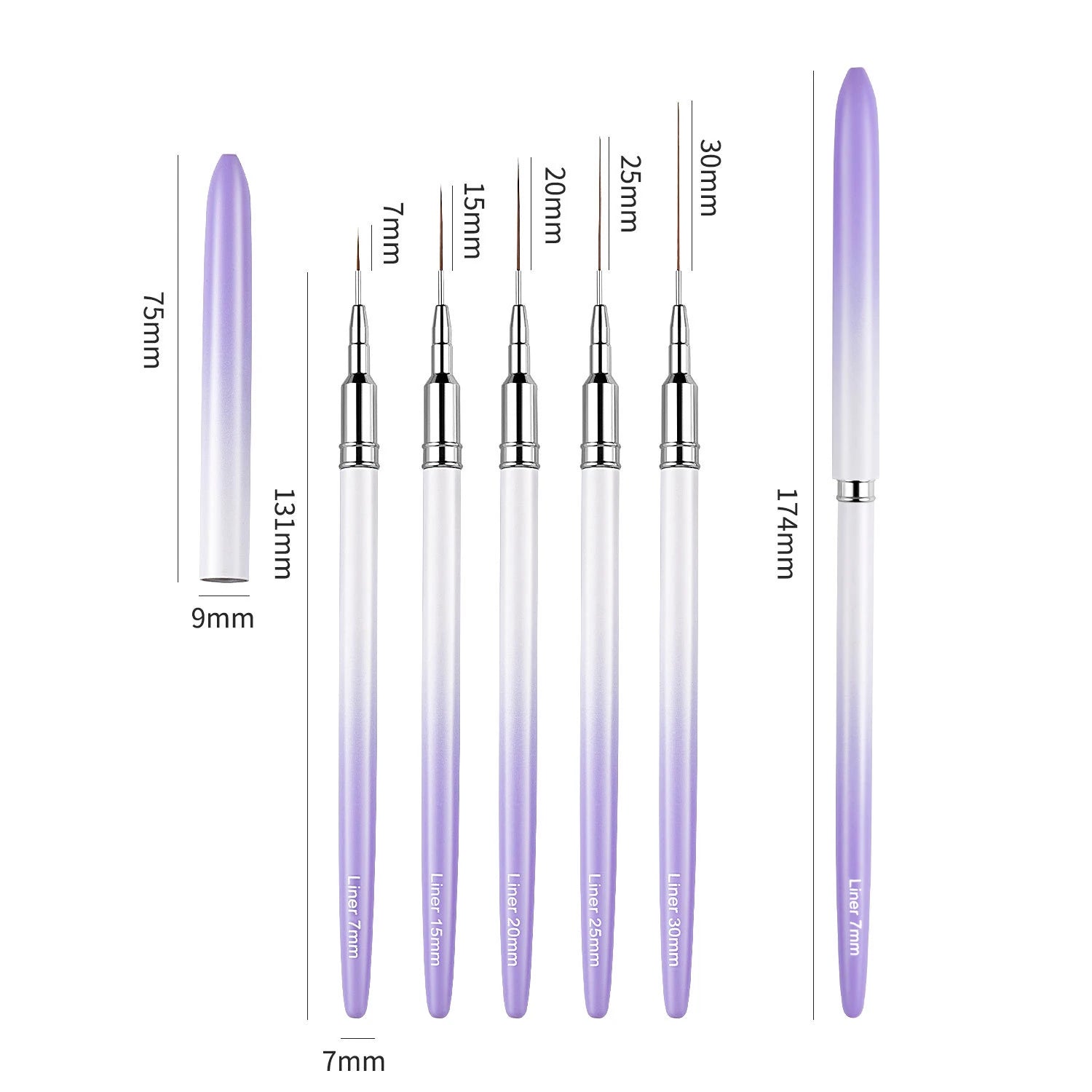 5pcs Nail Art Liner Brushes Sizes 7/15/20/25/30mm