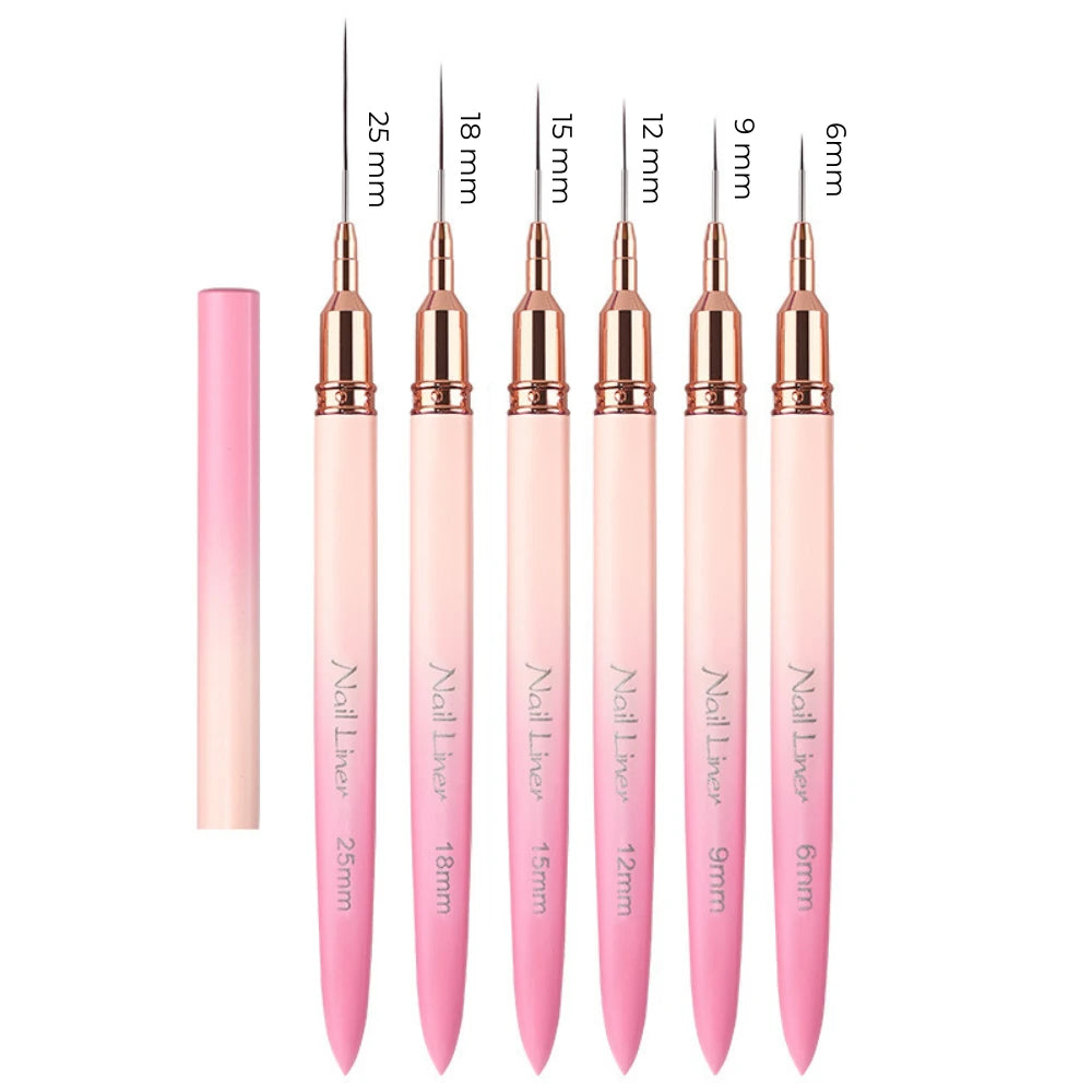 6pcs Ombre Pink Nail Art Liner Brushes Sizes 6/9/12/15/18/25mm
