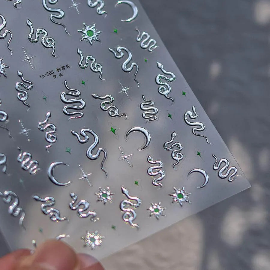 Gold Snake Nail Art Stickers Adhesive Embossed Metal Silver Snake Sticker Decals TA365