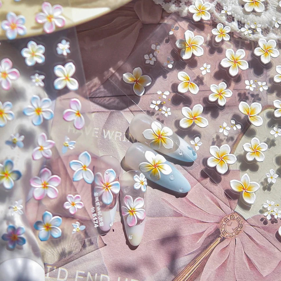5D Embossed Plumeria Nail Stickers | Tropical Hawaiian Flower Decals for Summer to5173