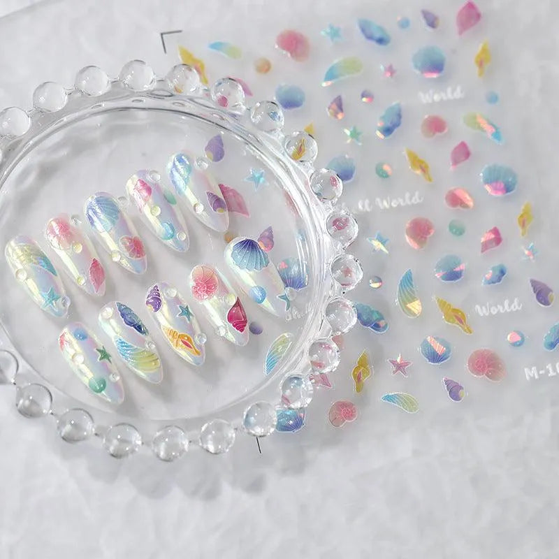 Adhesive Nail Art Stickers Shiny Shell Conch Embossed Sticker Decals M109