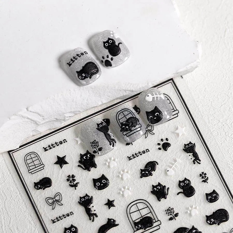 Adorable Kitten Nail Art Stickers Adhesive Embossed Black Cat Paw Sticker Decals Decoration TS3685