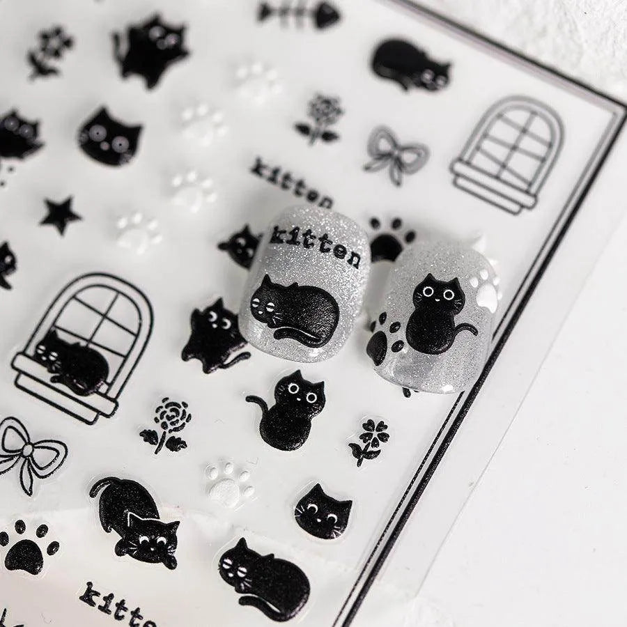 Adorable Kitten Nail Art Stickers Adhesive Embossed Black Cat Paw Sticker Decals Decoration TS3685