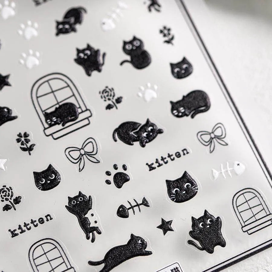 Adorable Kitten Nail Art Stickers Adhesive Embossed Black Cat Paw Sticker Decals Decoration TS3685
