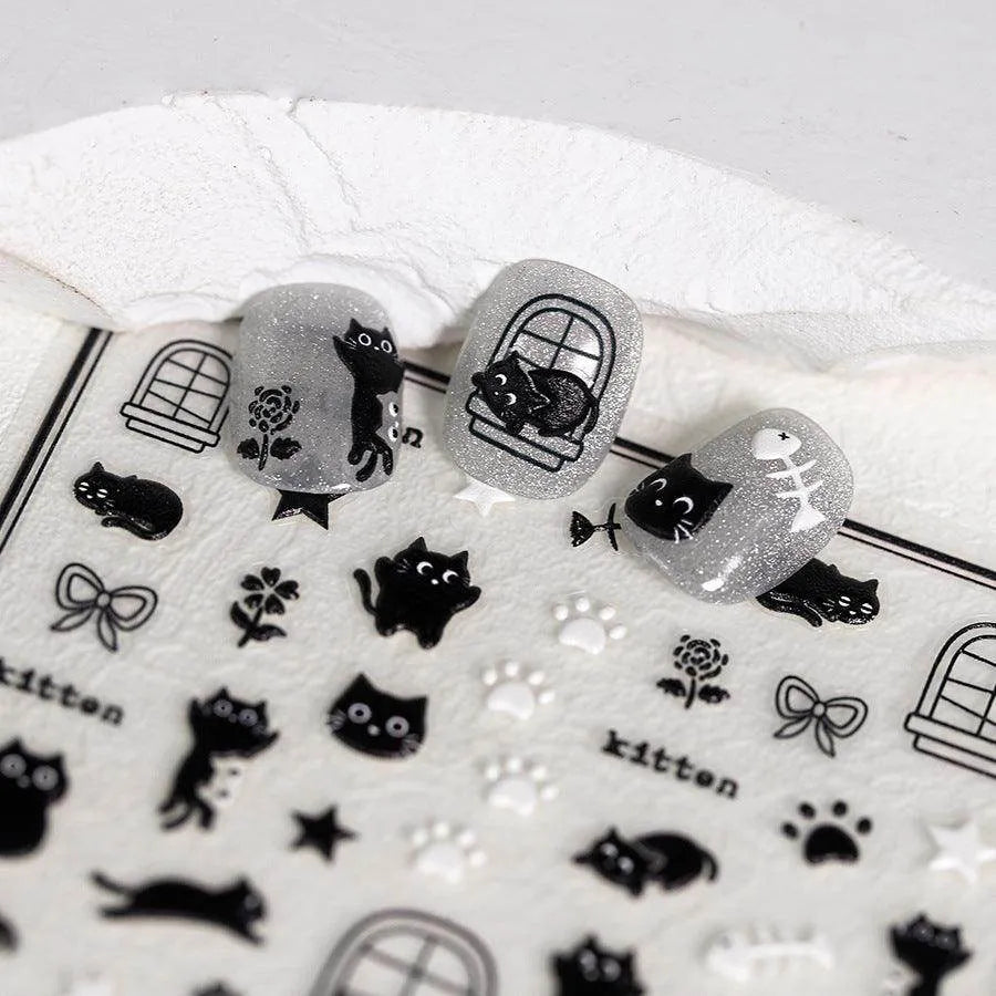 Adorable Kitten Nail Art Stickers Adhesive Embossed Black Cat Paw Sticker Decals Decoration TS3685